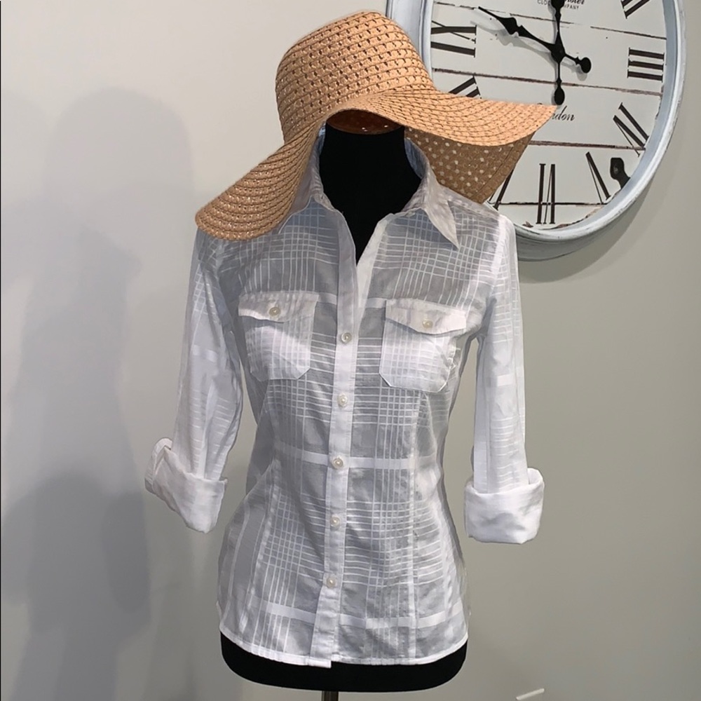 Ann Taylor Textured White Camp Shirt Button Up 6